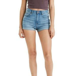 High rise blue denim shorts.